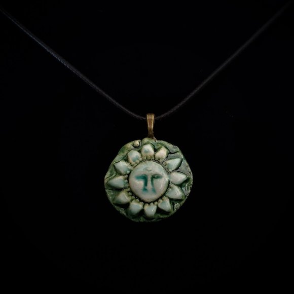 Handmade Ceramic Teak Green Sun Pendant Necklace, Sol Pendant - Picture 2 of 6